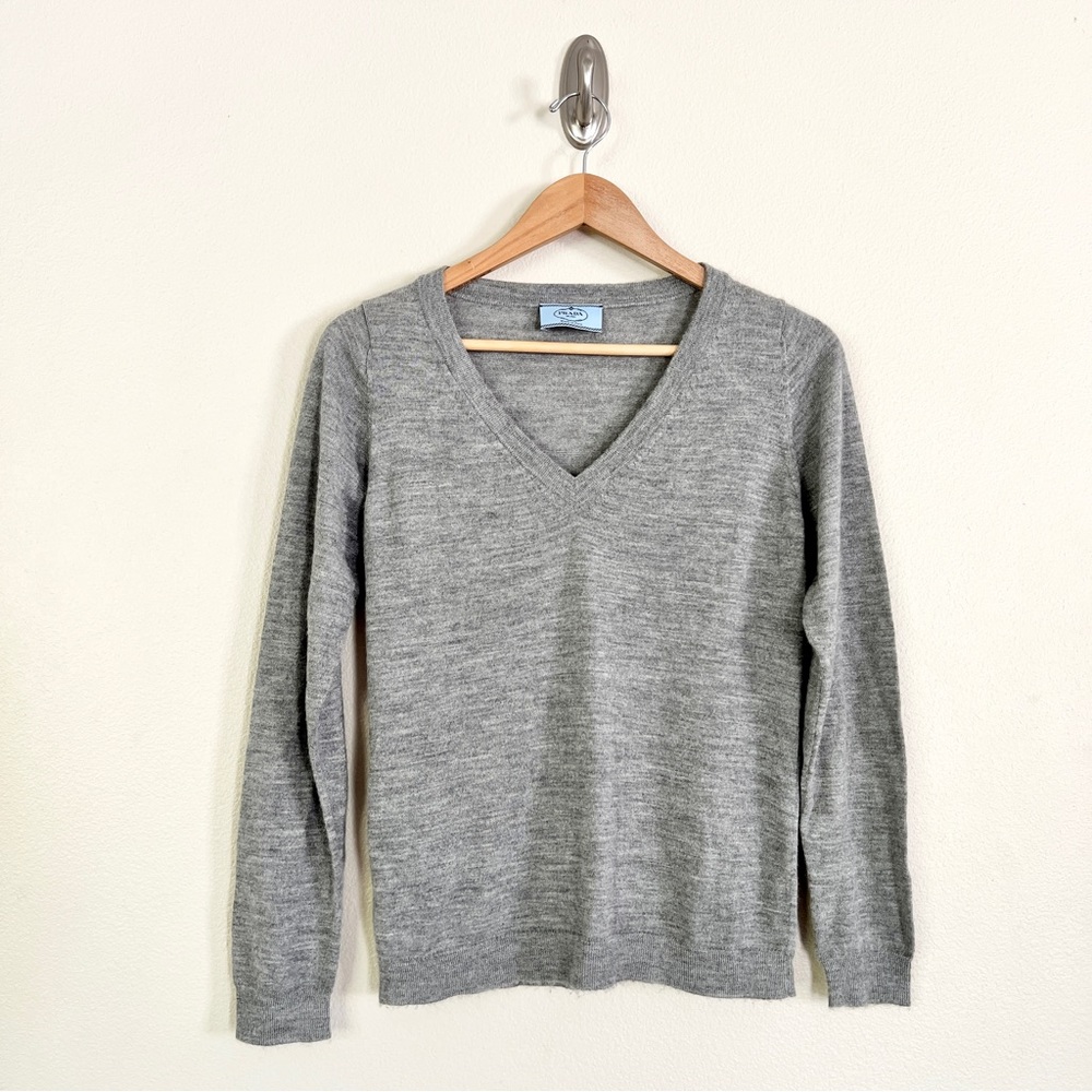 PRADA 100% Alpaca Wool V Neck Sweater in Heathered Grey